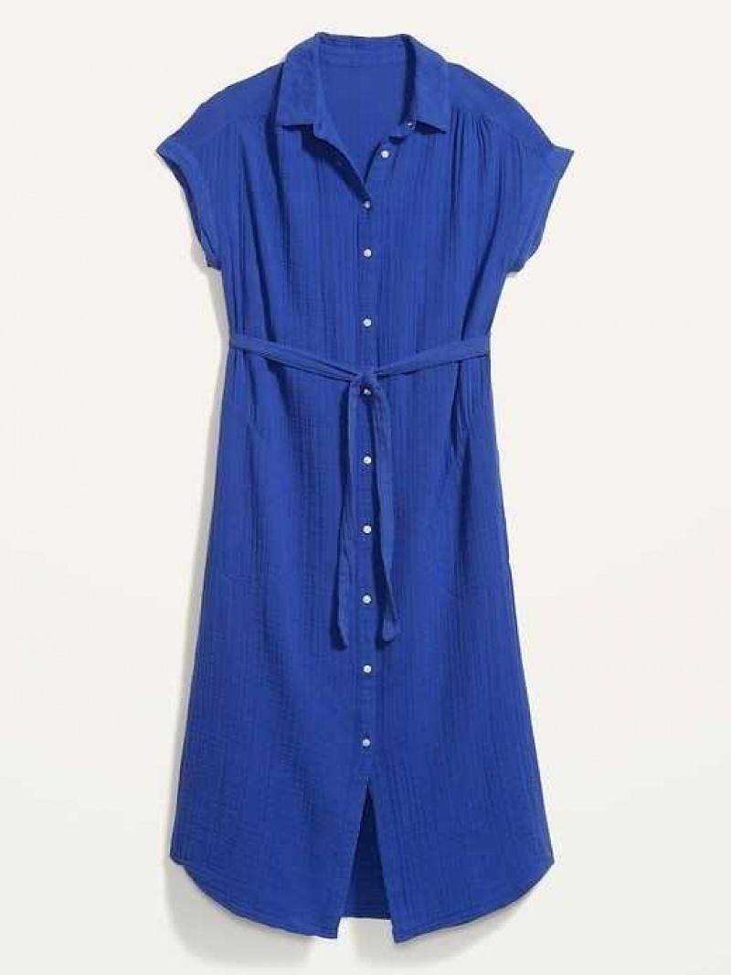 Old Navy Short-Sleeve Waist-Defined Midi Shirt Dress Blue | FBA274853