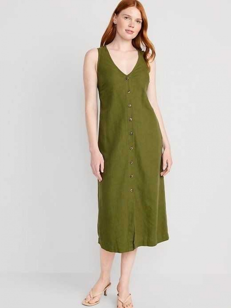 Old Navy Sleeveless Button-Front Linen-Blend Maxi Shift Dress Nori Seaweed | HJX468351