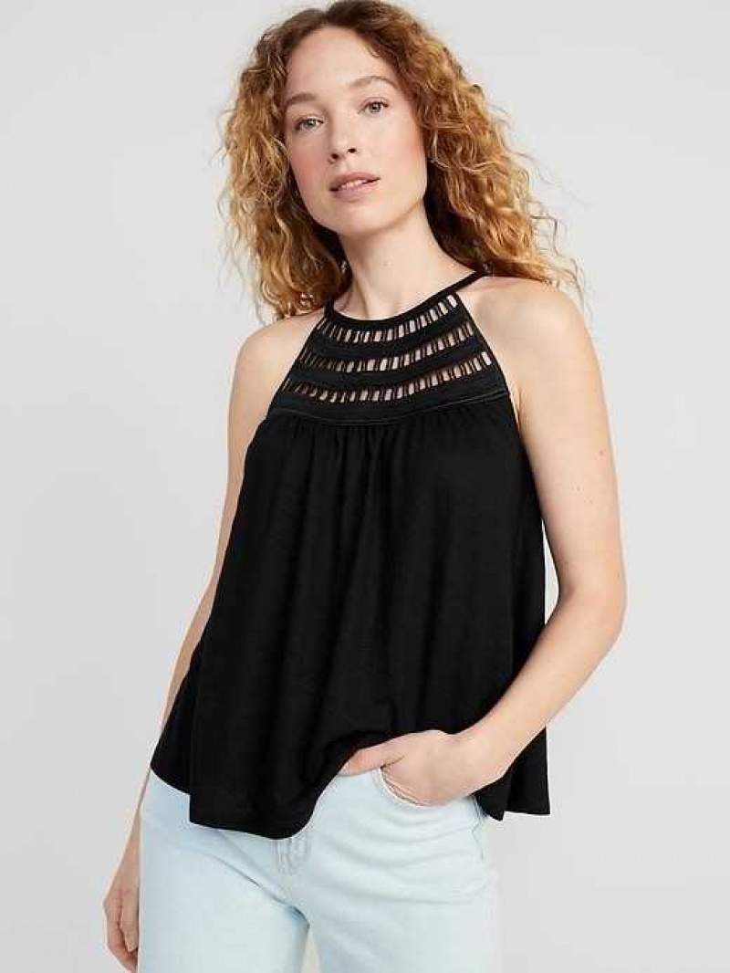 Old Navy Sleeveless Crochet-Trim Linen-Blend Top Black | TOV692075