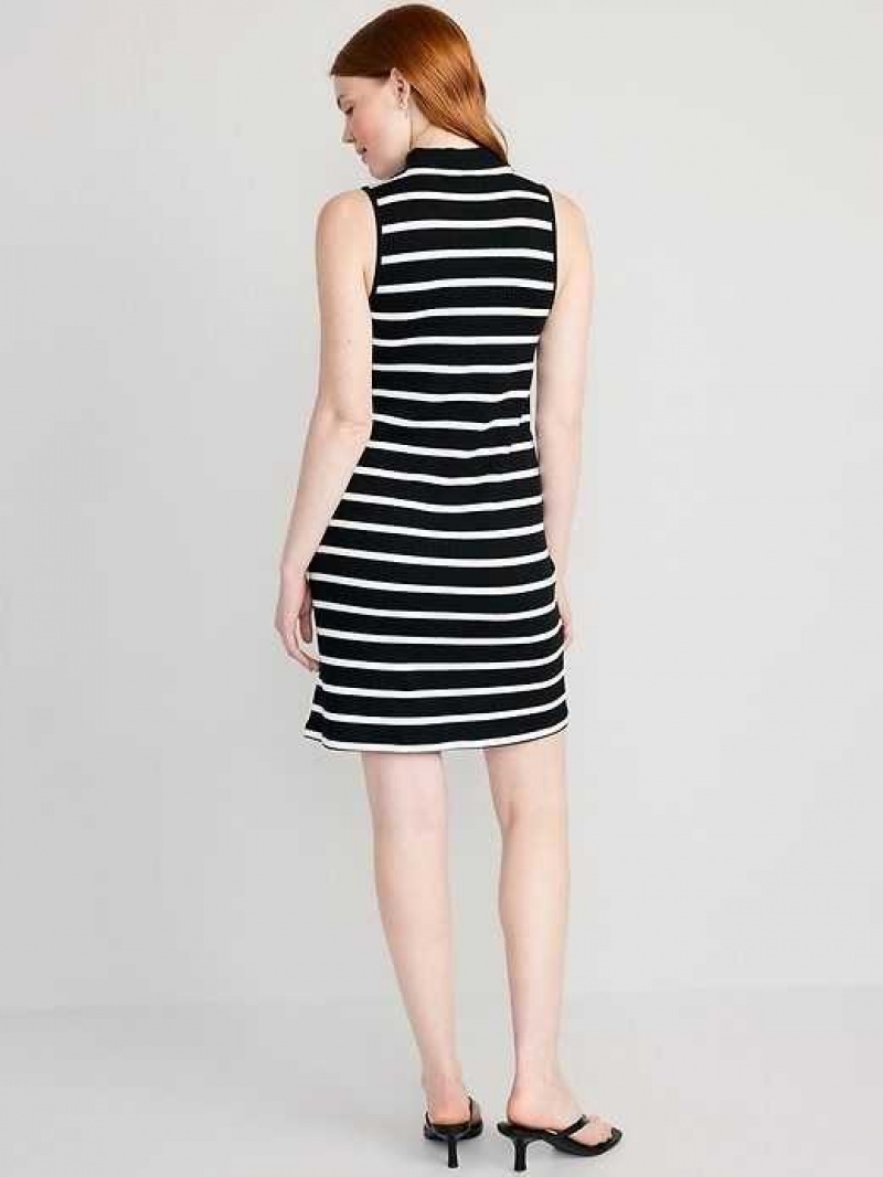 Old Navy Sleeveless Mock-Neck Striped Rib-Knit Mini Shift Dress Black / White Stripes | ZRU389261