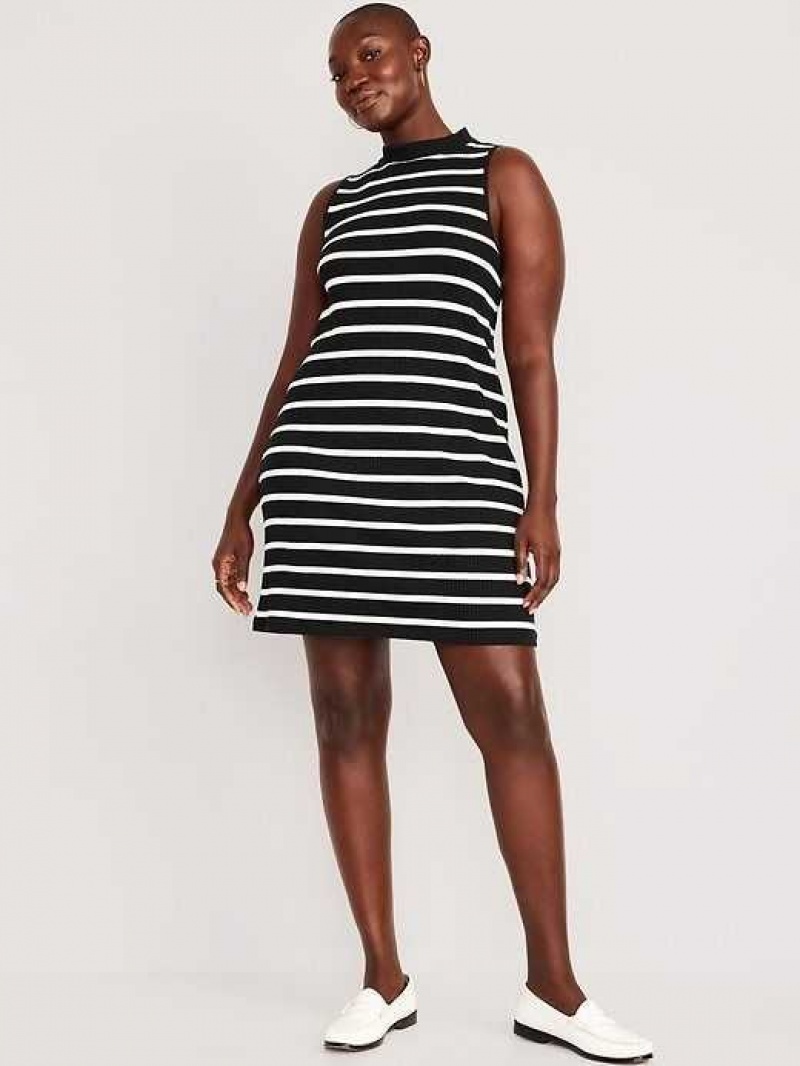 Old Navy Sleeveless Mock-Neck Striped Rib-Knit Mini Shift Dress Black / White Stripes | ZRU389261