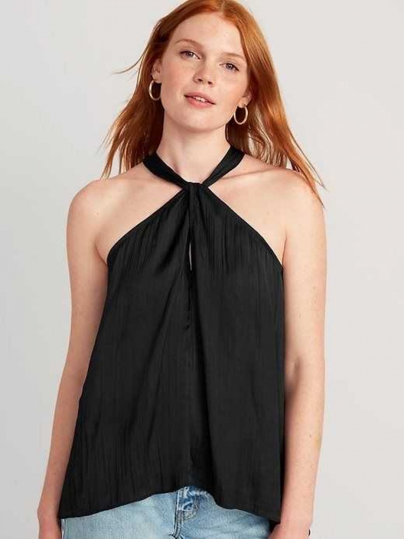 Old Navy Sleeveless Satin Twist-Front Top Black | PCJ024695