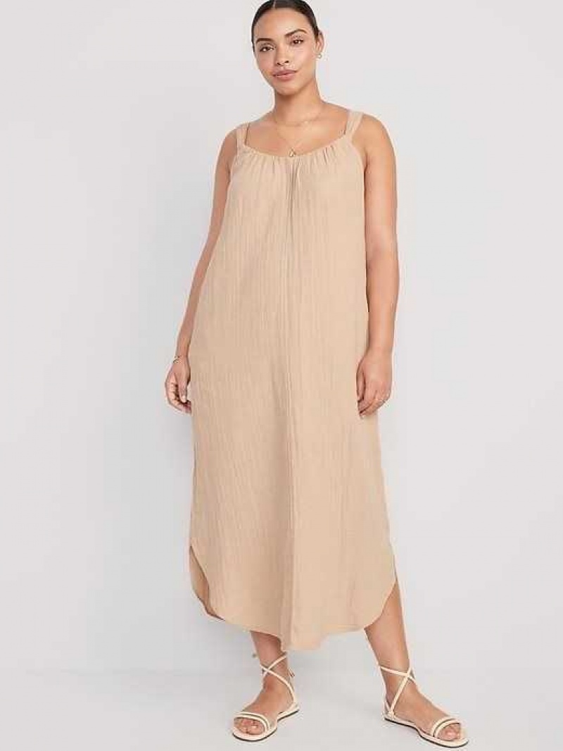 Old Navy Sleeveless Tie-Back Shirred Maxi Dress Beige | QHA921374