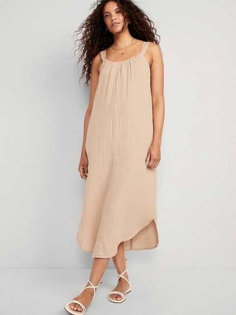 Old Navy Sleeveless Tie-Back Shirred Maxi Dress Beige | QHA921374