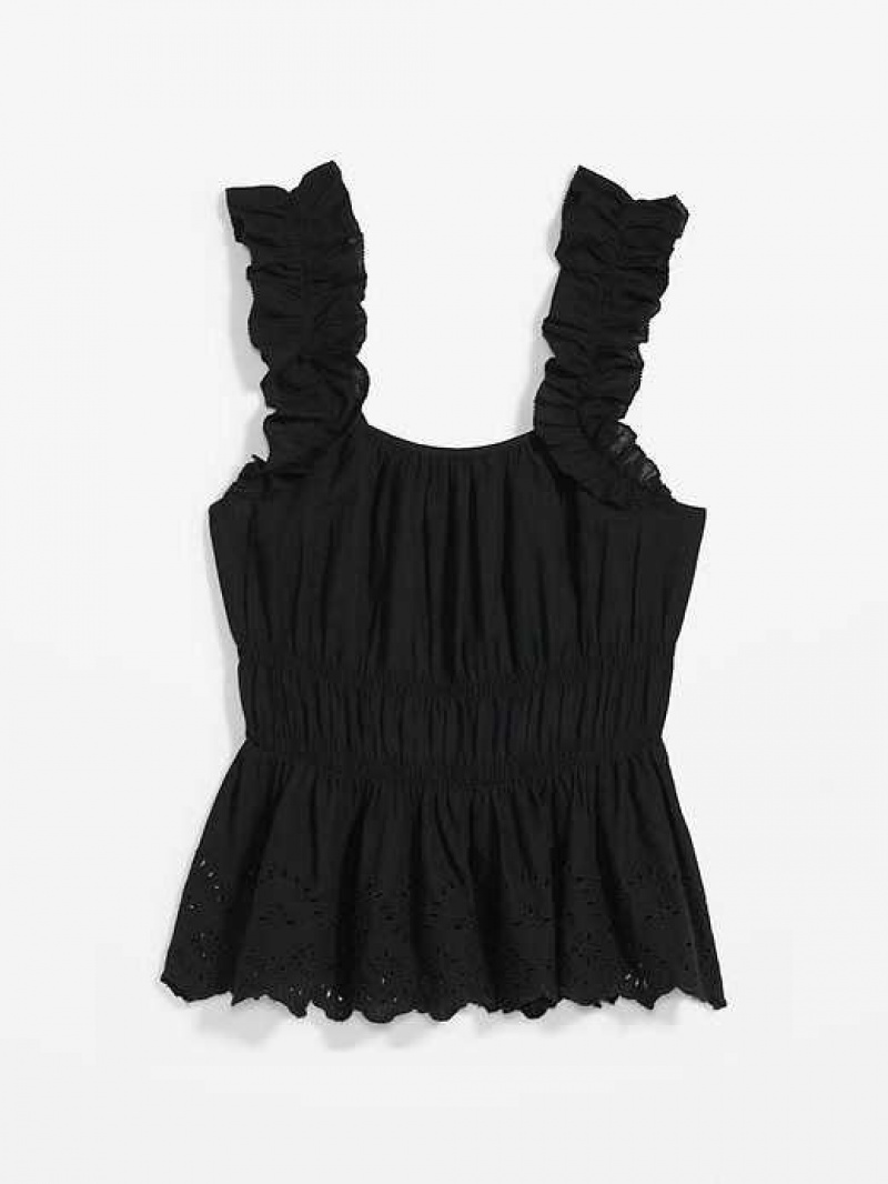 Old Navy Sleeveless Waist-Defined Ruffle-Trim Embroidered Babydoll Blouse Black | MVN348579