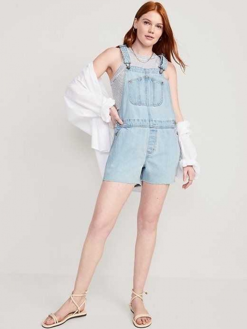 Old Navy Slouchy Straight Non-Stretch Jean Cut-Off Short Overalls Light Wash | JYV819426