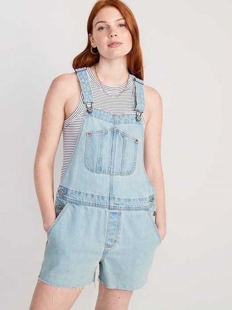 Old Navy Slouchy Straight Non-Stretch Jean Cut-Off Short Overalls Light Wash | JYV819426