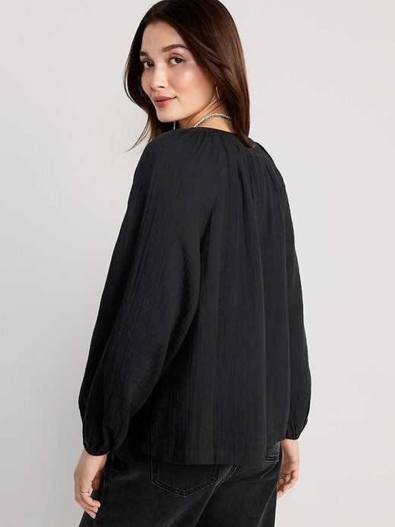 Old Navy Split-Neck Blouse Black | MVD759243