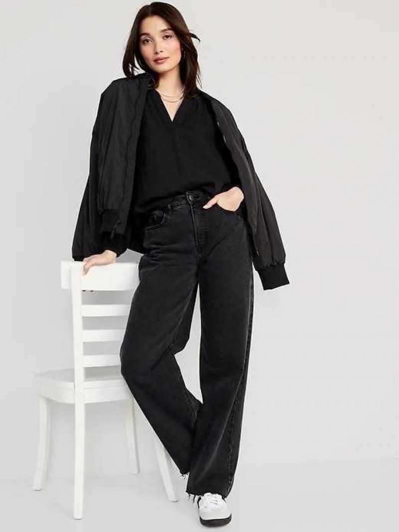 Old Navy Split-Neck Blouse Black | MVD759243