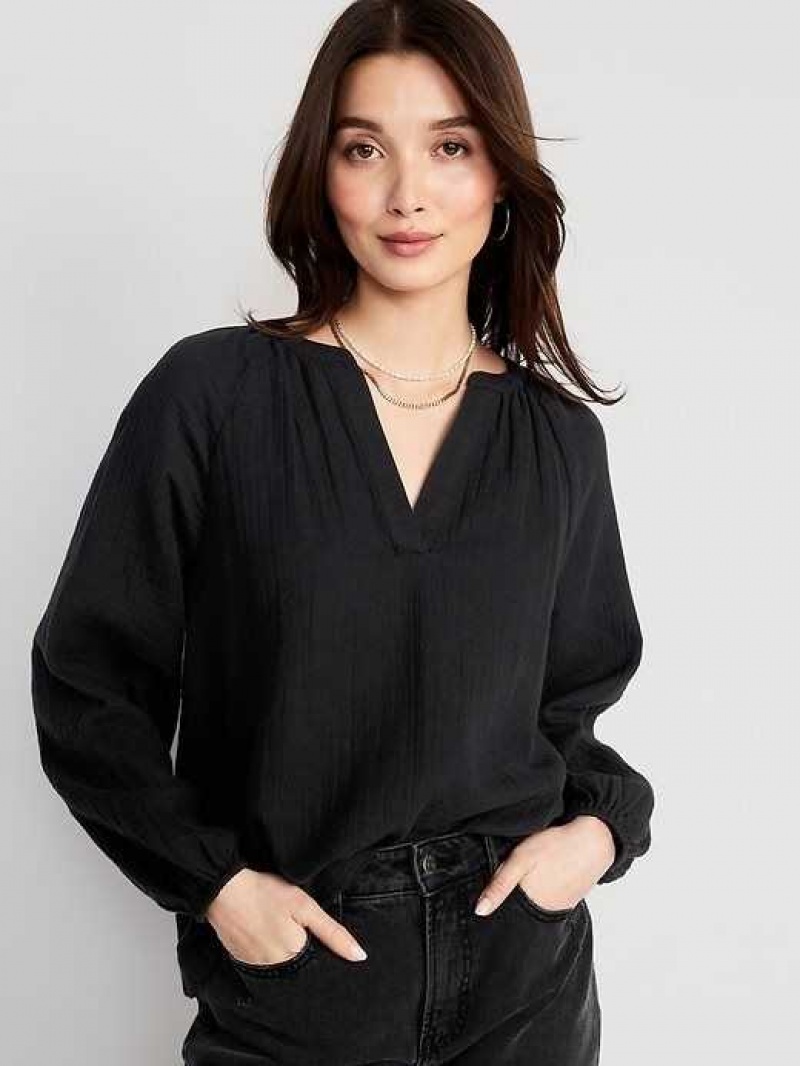 Old Navy Split-Neck Blouse Black | MVD759243