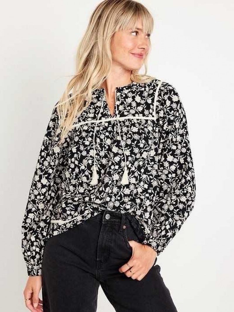 Old Navy Split-Neck Boho Top Black | MAW436978