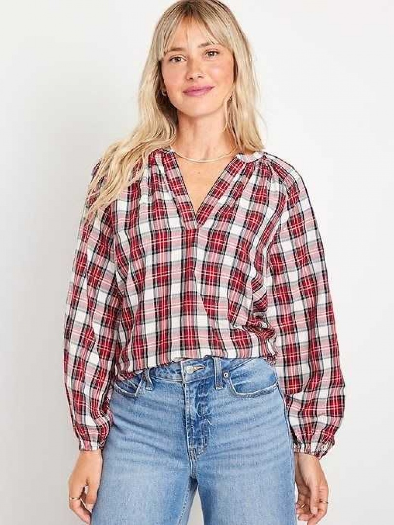 Old Navy Split-Neck Plaid Seersucker Shirt Red | OEP329516