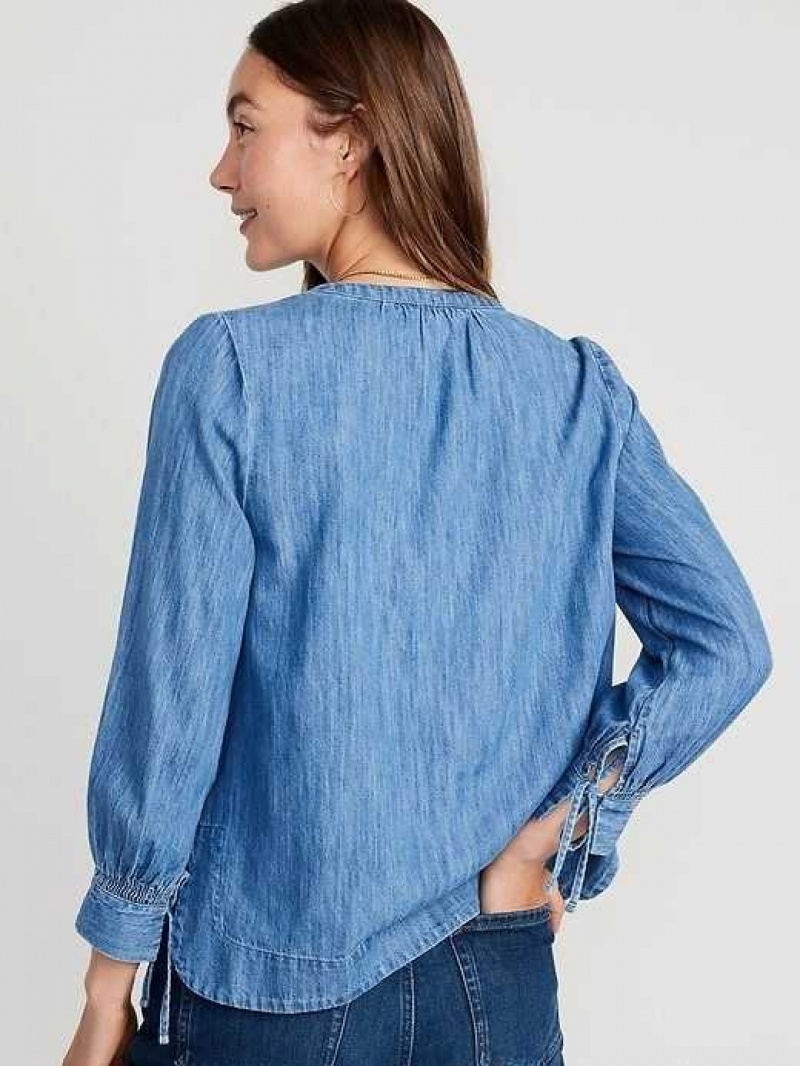 Old Navy Split-Neck Puff-Sleeve Jean Blouse Wash | BAO761035