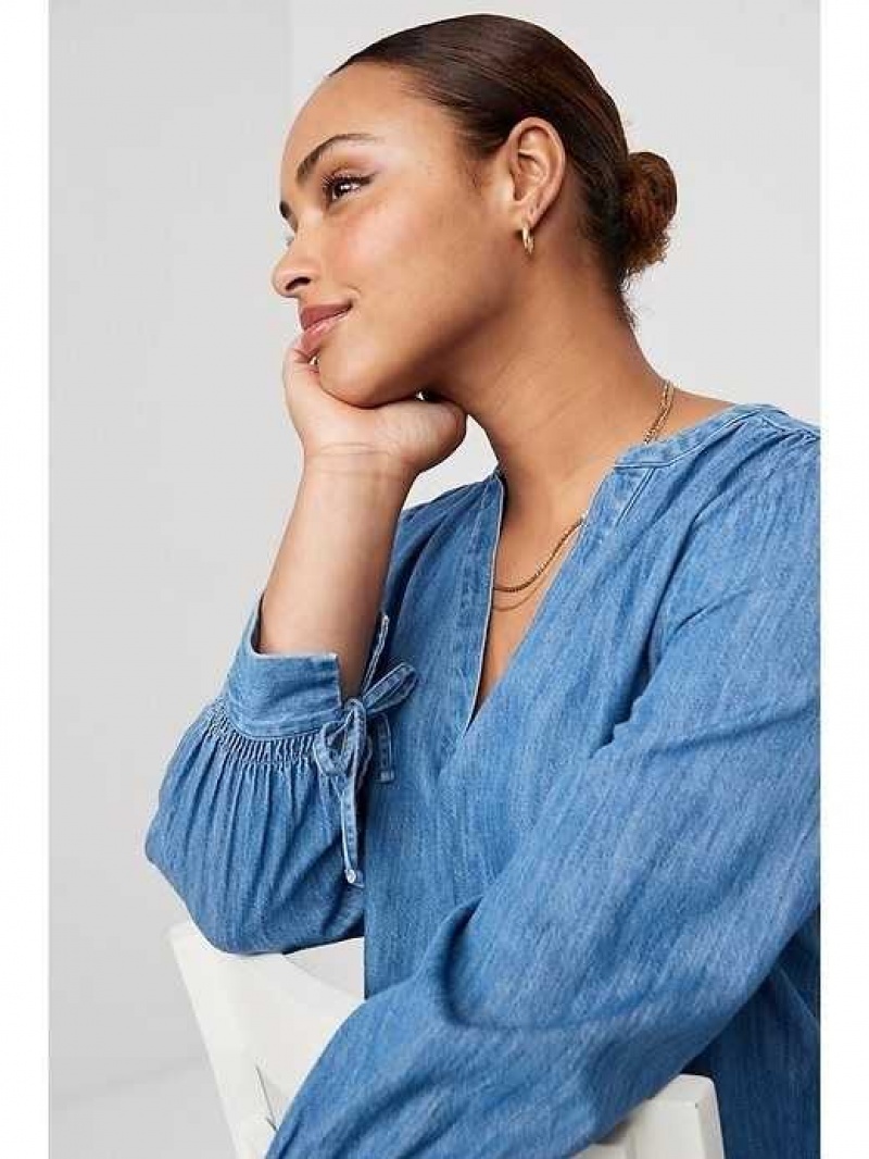 Old Navy Split-Neck Puff-Sleeve Jean Blouse Wash | BAO761035