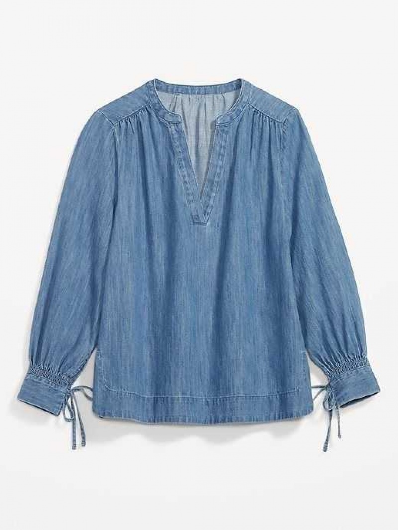 Old Navy Split-Neck Puff-Sleeve Jean Blouse Wash | BAO761035