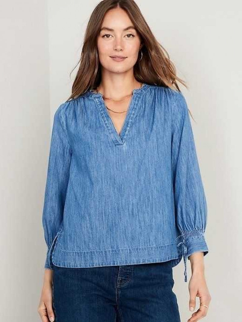 Old Navy Split-Neck Puff-Sleeve Jean Blouse Wash | BAO761035