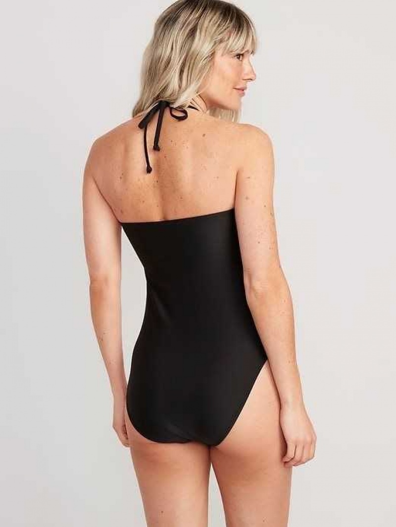 Old Navy Square-Ring Halter One-Piece Swimsuit Black | TNQ468153