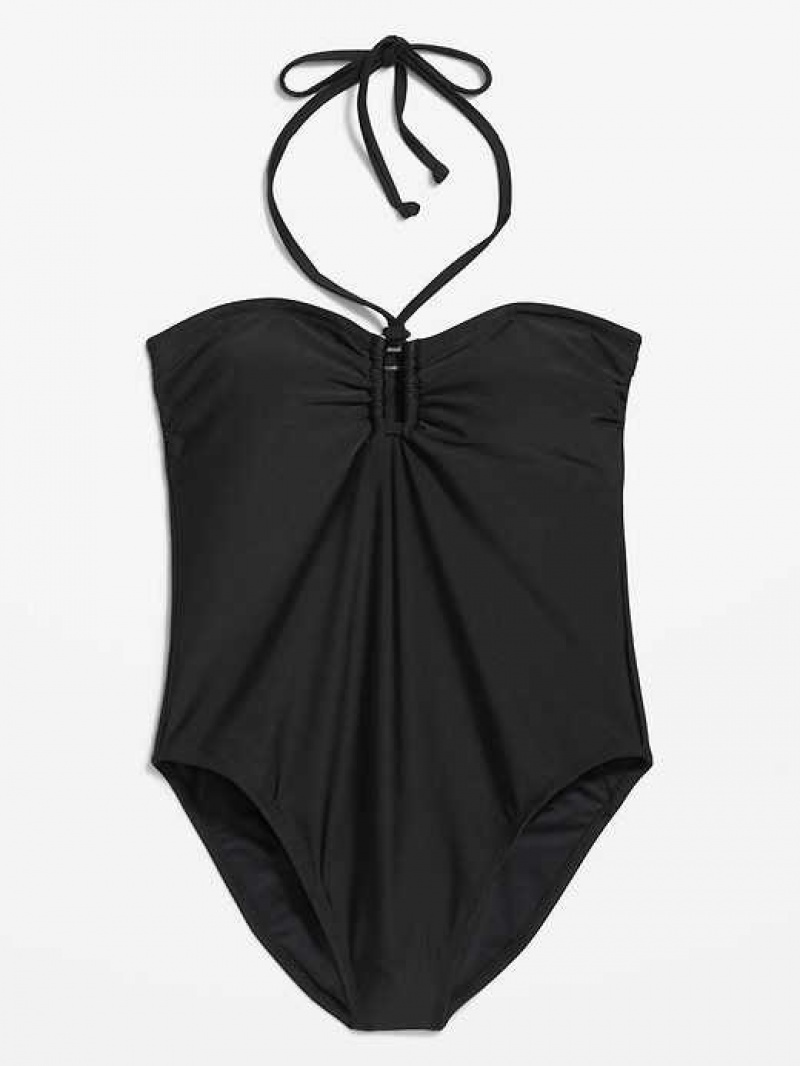 Old Navy Square-Ring Halter One-Piece Swimsuit Black | TNQ468153