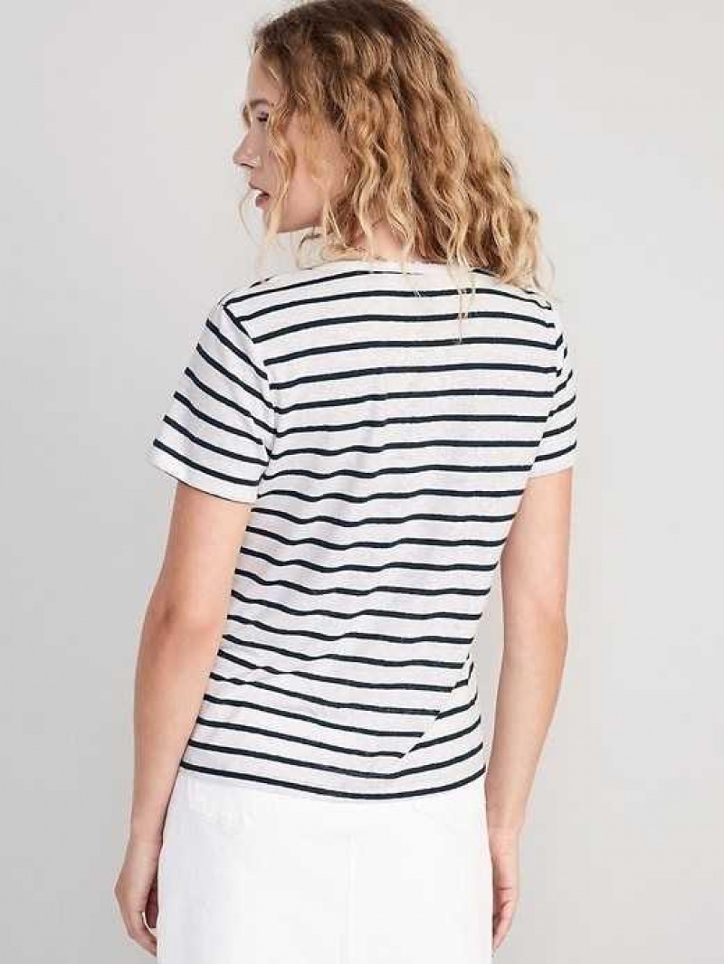 Old Navy Striped Linen-Blend Cropped Henley Navy Stripes | LJZ901684