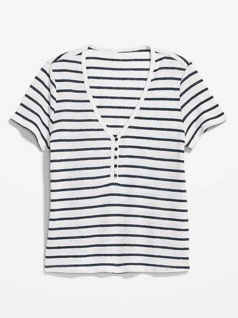 Old Navy Striped Linen-Blend Cropped Henley Navy Stripes | LJZ901684