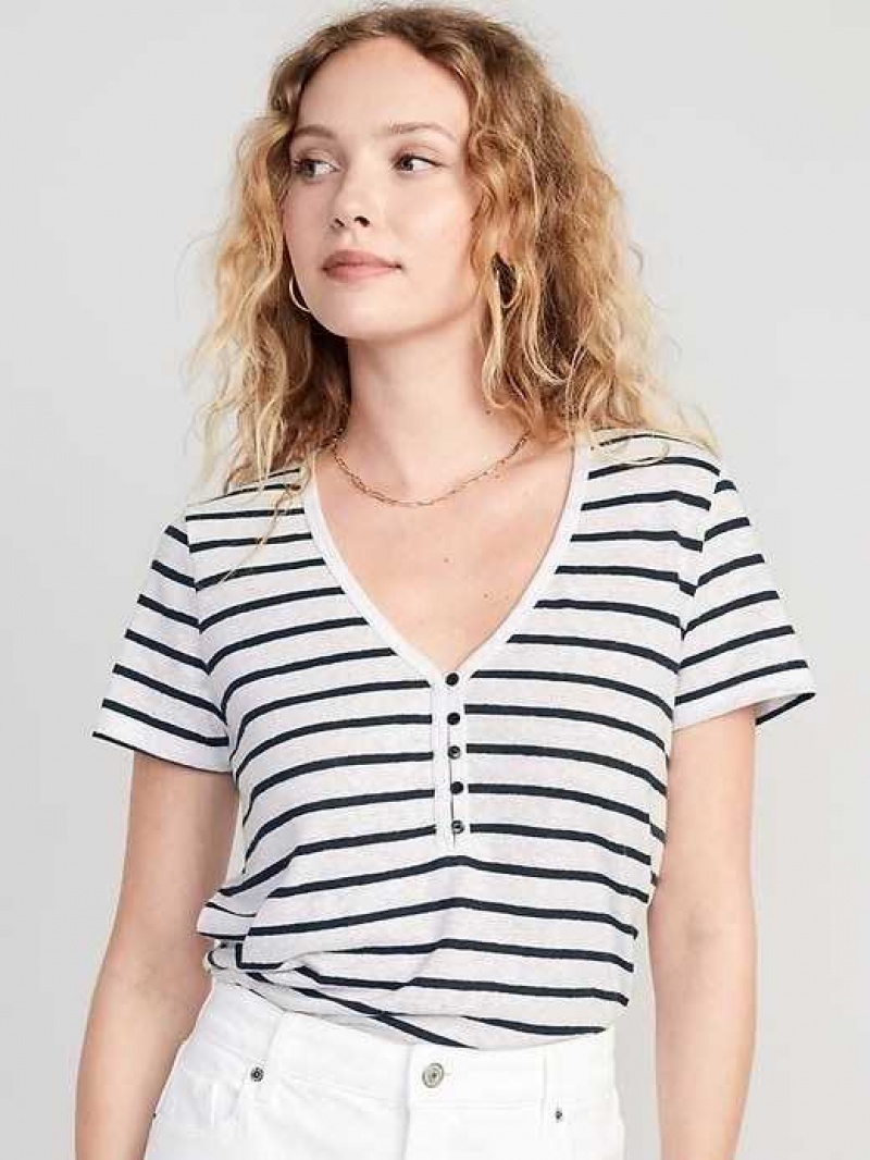 Old Navy Striped Linen-Blend Cropped Henley Navy Stripes | LJZ901684