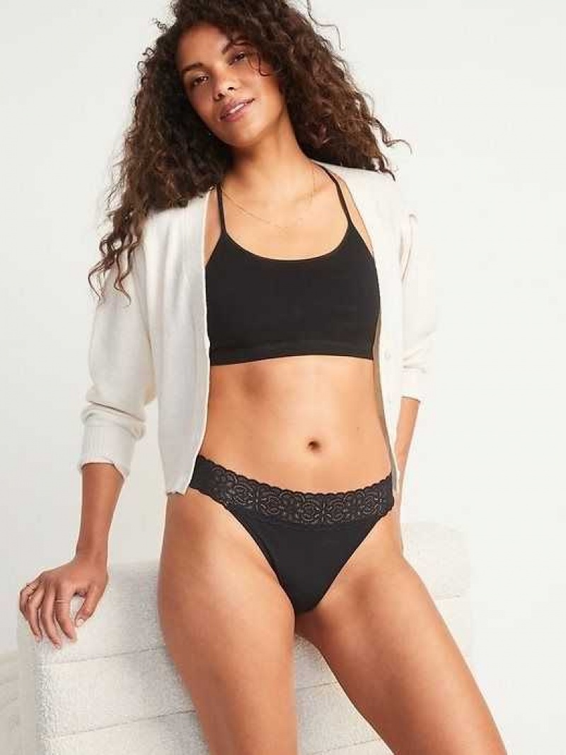 Old Navy Supima Cotton-Blend Lace-Trim Thong Underwear Black | UXI956781