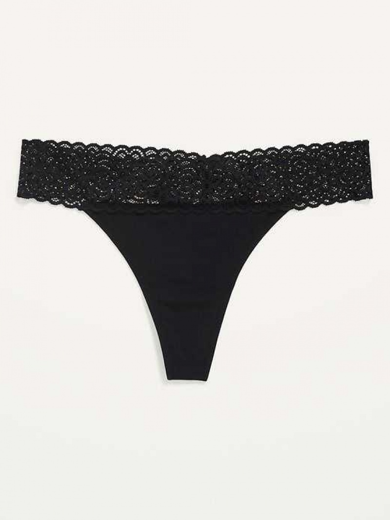 Old Navy Supima Cotton-Blend Lace-Trim Thong Underwear Black | UXI956781