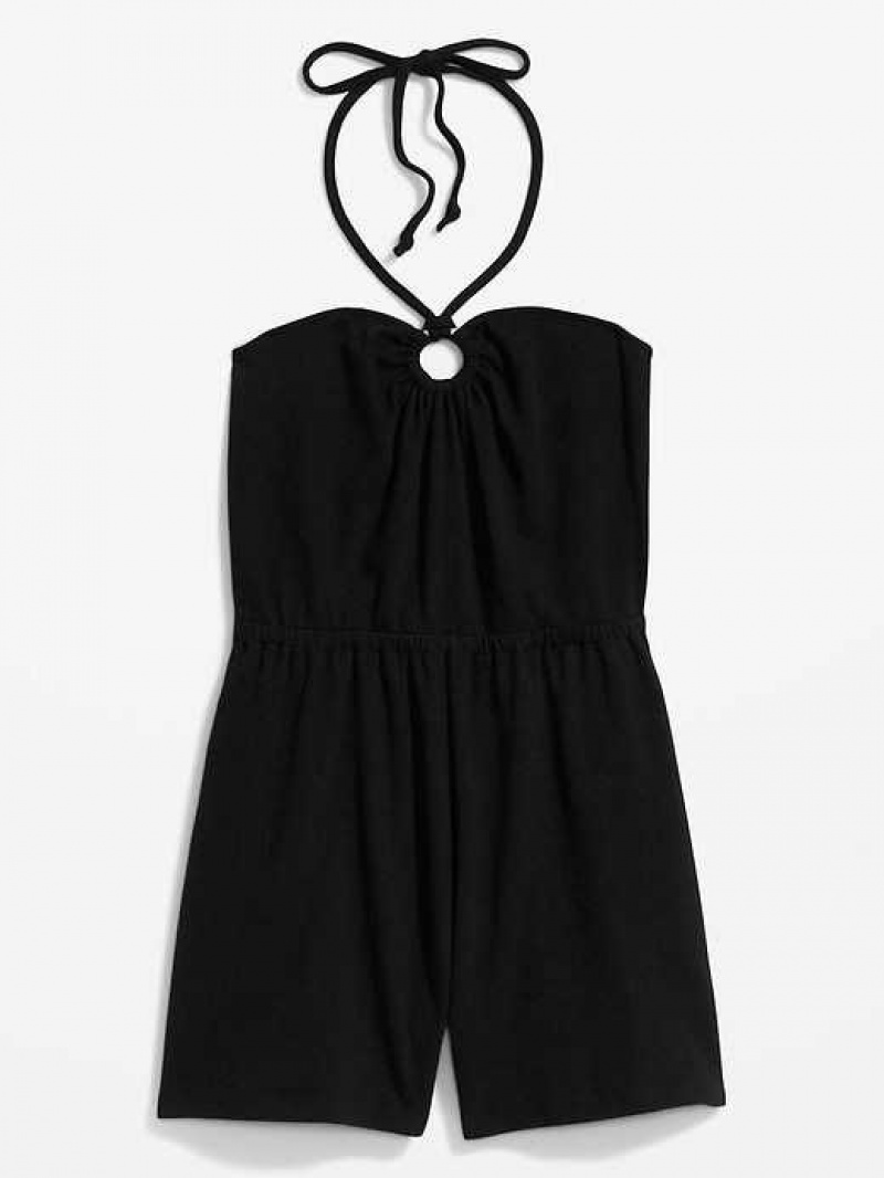 Old Navy Textured O-Ring Halter Romper Black | CLQ073248