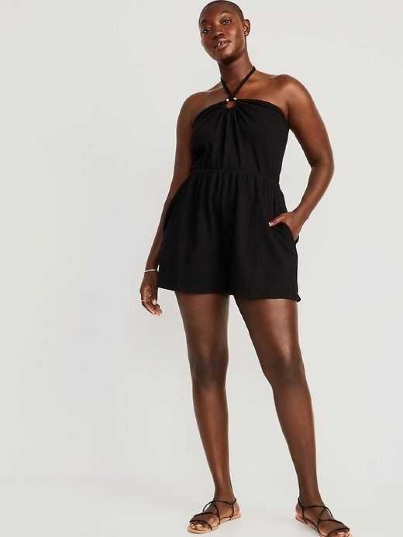 Old Navy Textured O-Ring Halter Romper Black | CLQ073248