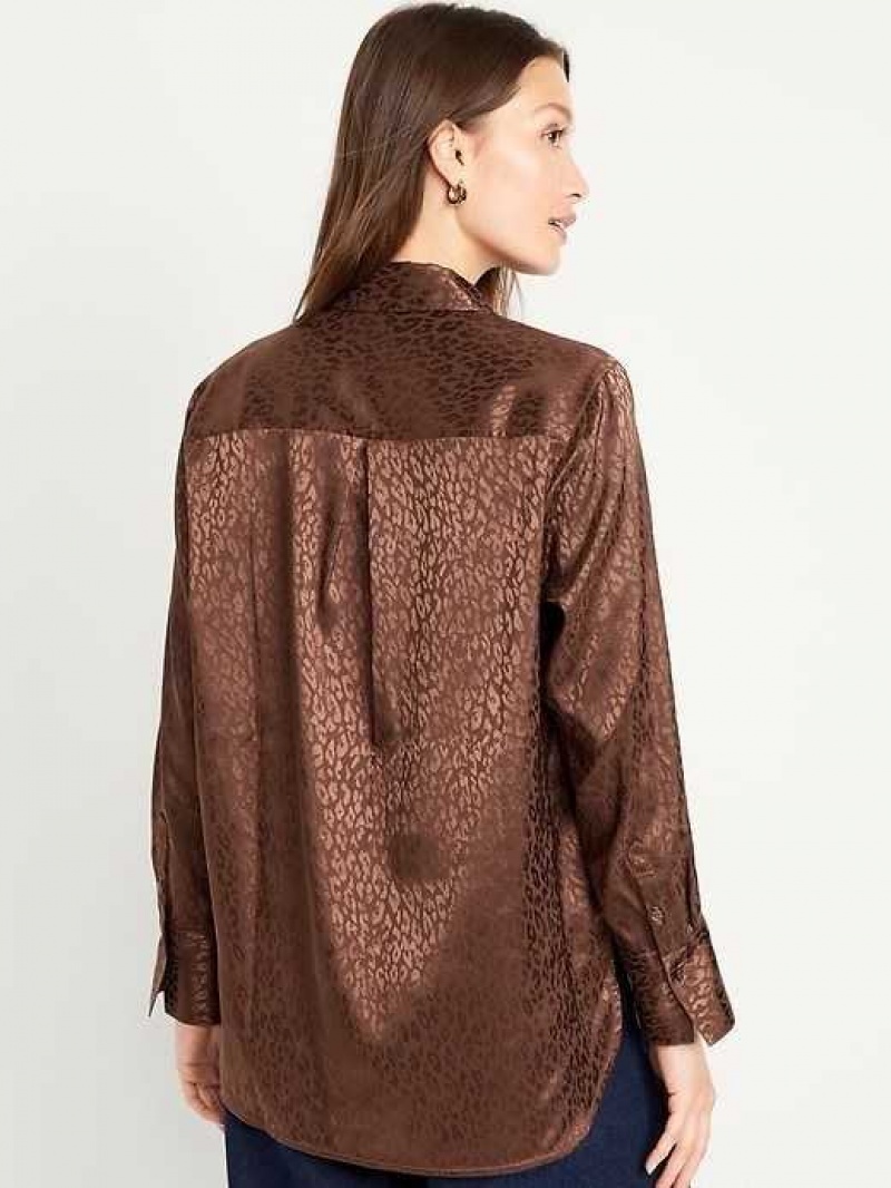 Old Navy Textured Satin Boyfriend Shirt Espresso | AZL136824