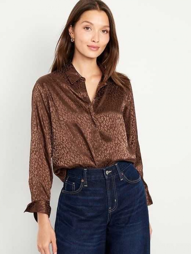 Old Navy Textured Satin Boyfriend Shirt Espresso | AZL136824