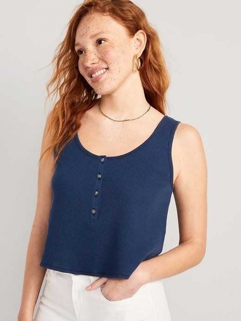 Old Navy Thermal-Knit Cropped Henley Tank Top Obscure Night | LGH705139