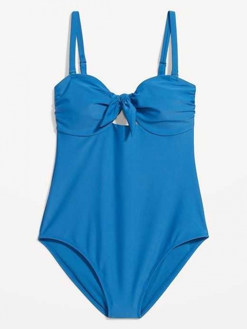 Old Navy Tie-Front Keyhole Bandeau-Style One-Piece Swimsuit Blue | FQS690721