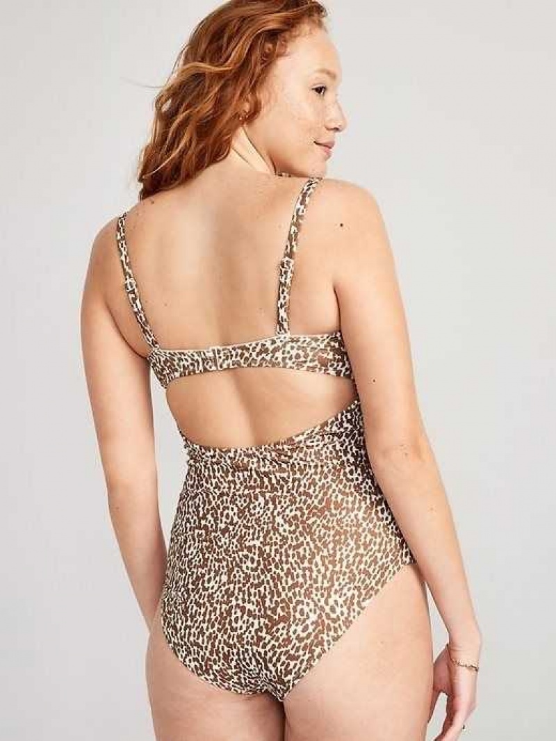 Old Navy Tie-Front Keyhole Bandeau-Style One-Piece Swimsuit Brown Leopard | FKG569183