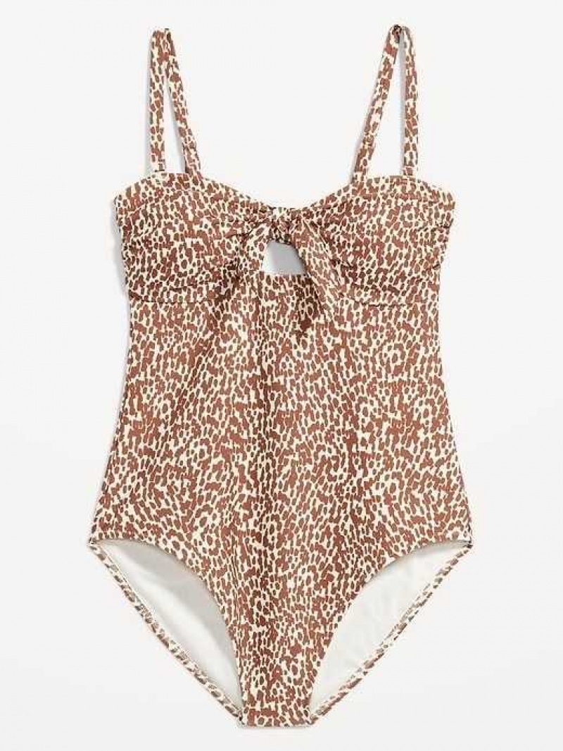 Old Navy Tie-Front Keyhole Bandeau-Style One-Piece Swimsuit Brown Leopard | FKG569183