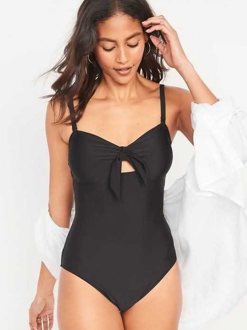 Old Navy Tie-Front Keyhole Bandeau-Style One-Piece Swimsuit Ebony | EYL854792