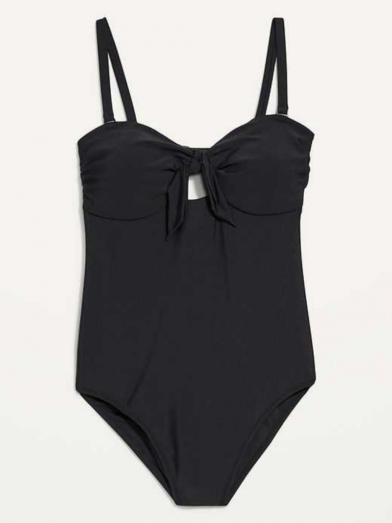 Old Navy Tie-Front Keyhole Bandeau-Style One-Piece Swimsuit Ebony | EYL854792