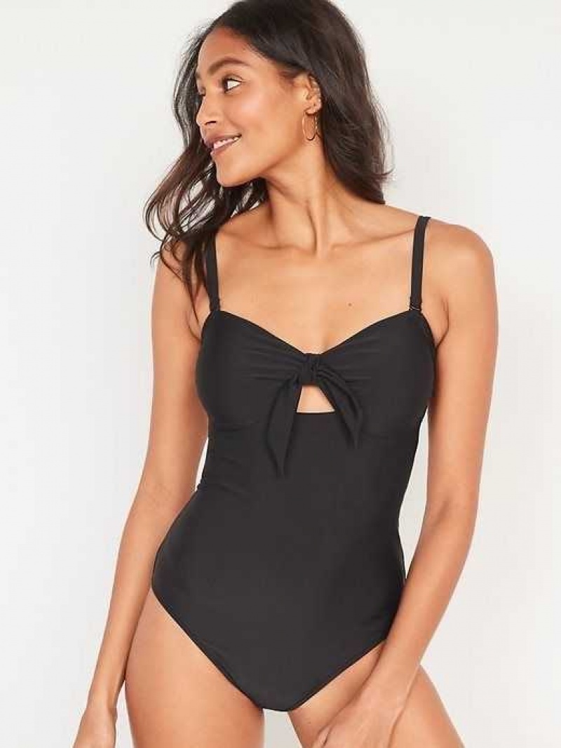 Old Navy Tie-Front Keyhole Bandeau-Style One-Piece Swimsuit Ebony | EYL854792