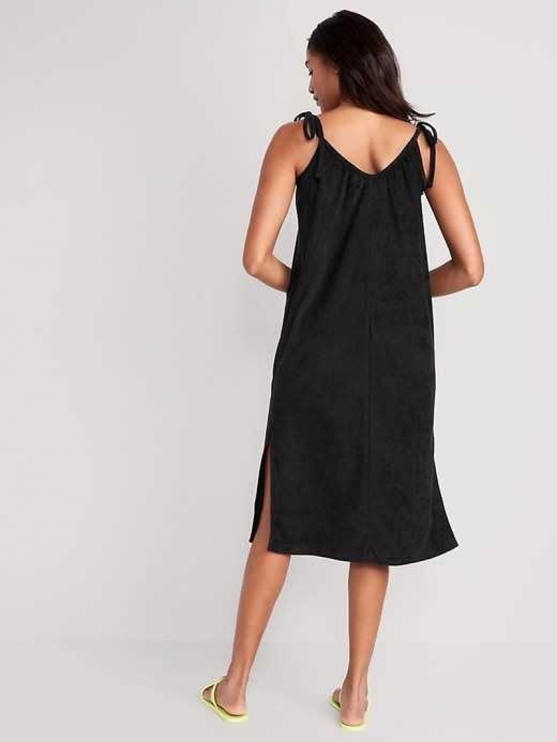 Old Navy Tie-Shoulder V-Neck Terry Midi Swing Dress Black | EIH752164