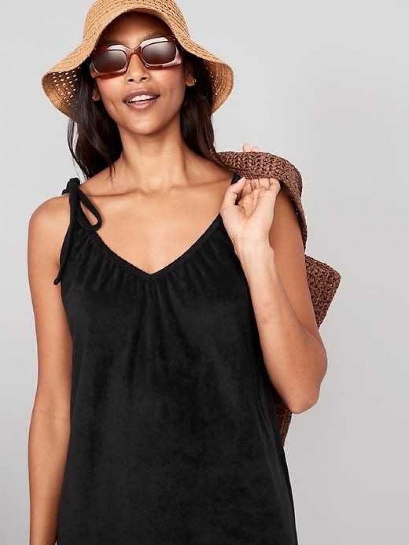 Old Navy Tie-Shoulder V-Neck Terry Midi Swing Dress Black | EIH752164