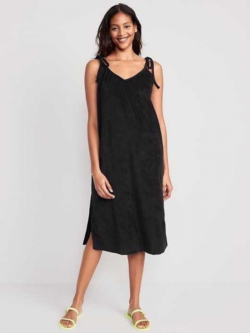 Old Navy Tie-Shoulder V-Neck Terry Midi Swing Dress Black | EIH752164