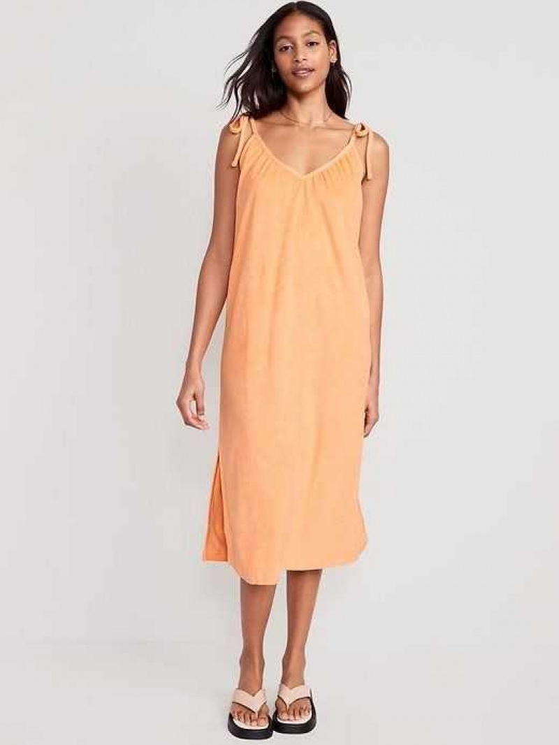 Old Navy Tie-Shoulder V-Neck Terry Midi Swing Dress Coral | BKS176354