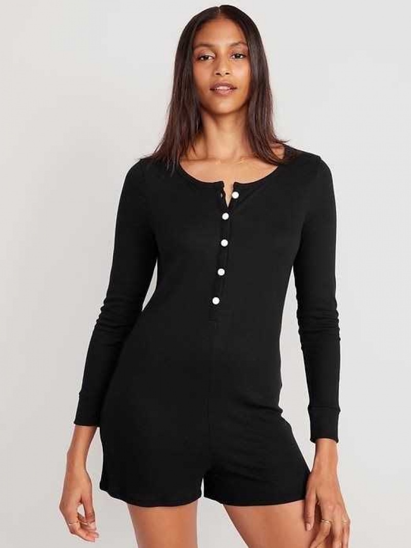 Old Navy UltraLite Rib-Knit Henley Pajama Romper Black | YID235016