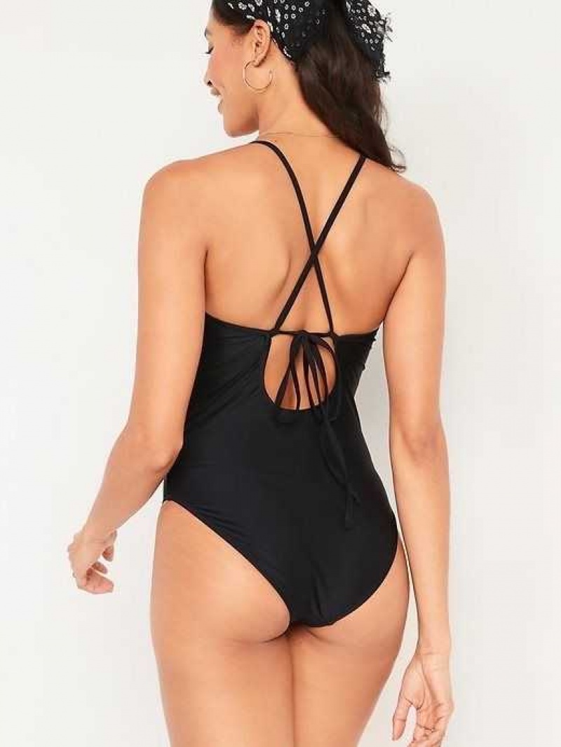 Old Navy V-Neck Ruffle-Trim Cutout One-Piece Swimsuit Ebony | VHM809517