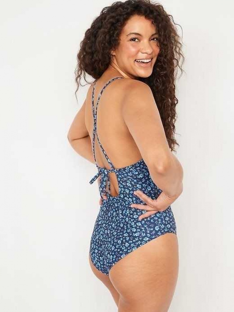 Old Navy V-Neck Ruffle-Trim Cutout One-Piece Swimsuit Blue | KOS426913