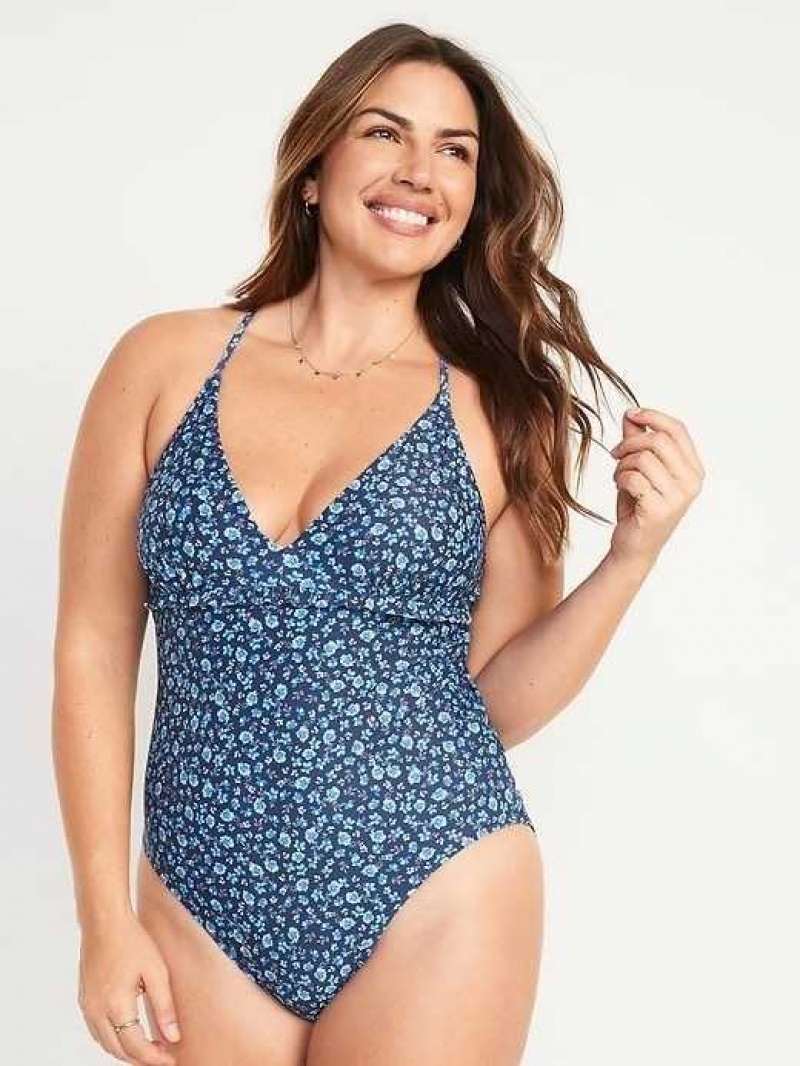 Old Navy V-Neck Ruffle-Trim Cutout One-Piece Swimsuit Blue | KOS426913