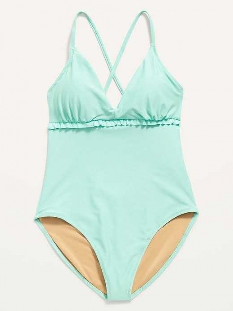 Old Navy V-Neck Ruffle-Trim Cutout One-Piece Swimsuit Icelandic Fjord | HKA243597