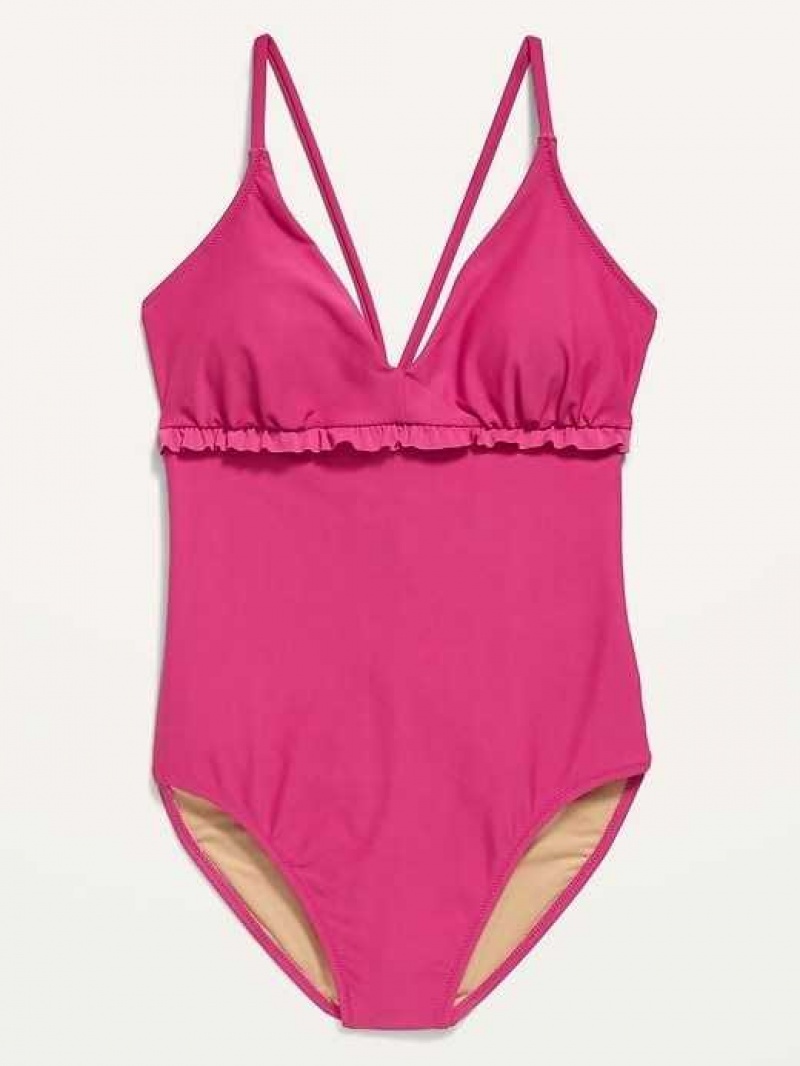 Old Navy V-Neck Ruffle-Trim Cutout One-Piece Swimsuit Raspberry Tart | EZP470639