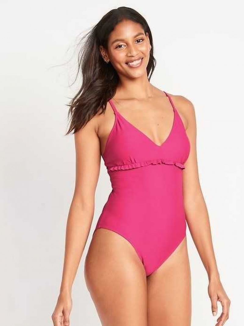 Old Navy V-Neck Ruffle-Trim Cutout One-Piece Swimsuit Raspberry Tart | EZP470639