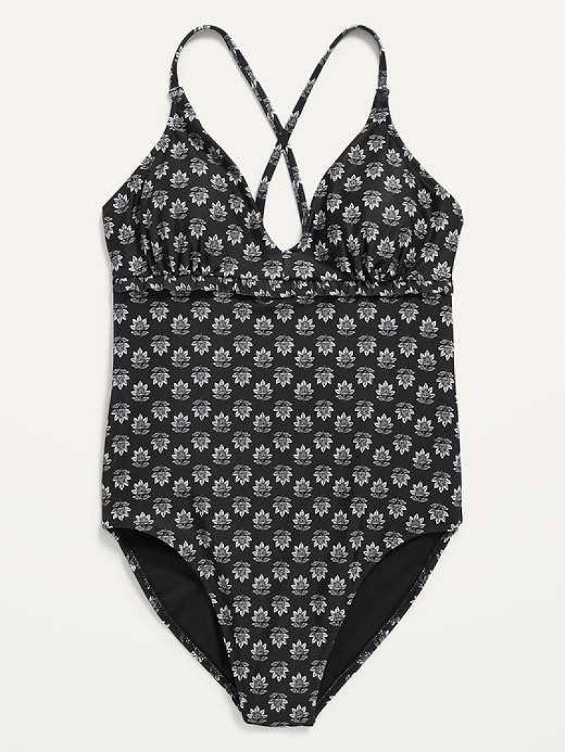 Old Navy V-Neck Ruffle-Trim Cutout One-Piece Swimsuit Black Flower | CVE563170